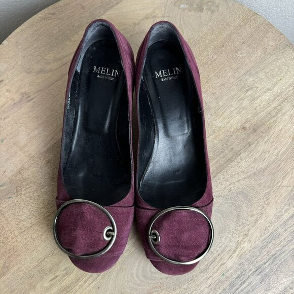 Melin Made In Italy Leather Lined Suede Kitten Heels Size 37 - Maroon Buckle Y2K - Picture 3 of 11